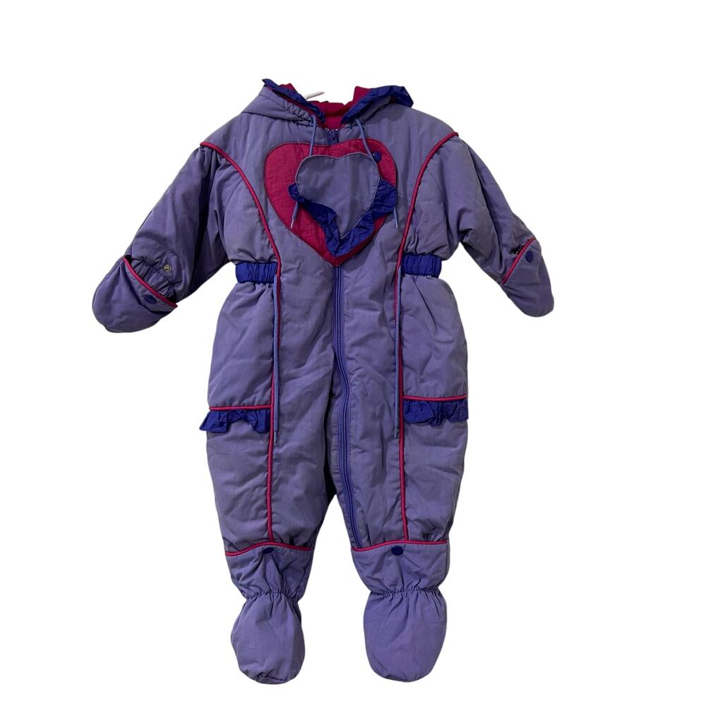 Carters Vtg Girls Size 18 Months Purple & Pink Heart Snowsuit Bunting Hooded